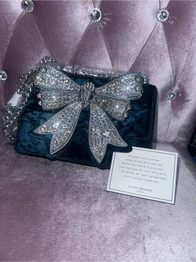 Kurt Geiger Teal Velvet Crossbody with Crystal Bow